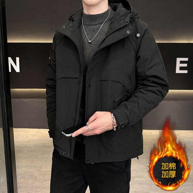 Winter 2026 New Men's Workwear Hooded Cotton Jacket, Trendy and Stylish, Thickened Cotton Coat, Double-Layered Cotton Youth Warm Cotton Jacket