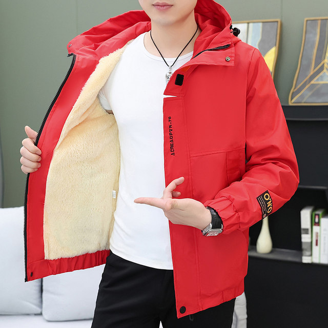 Fleece-Lined Jacket for Men, Autumn and Winter, Thickened and Warm, Workwear Style, Loose Fit, Versatile, Trendy Brand, Hooded Jacket for Teenagers