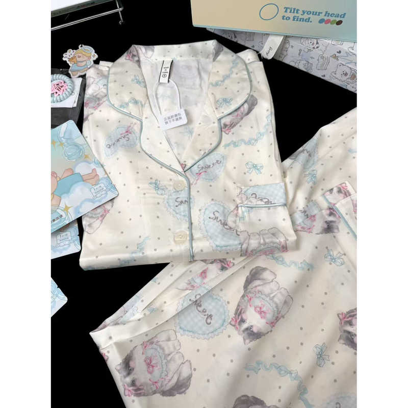 Sweet Things Wai Li Water Light Silk Homewear Set for Men and Women, Long Sleeve and Long Pants, Casual and Loose, Can Be Worn Outside, Pajamas Gift Box