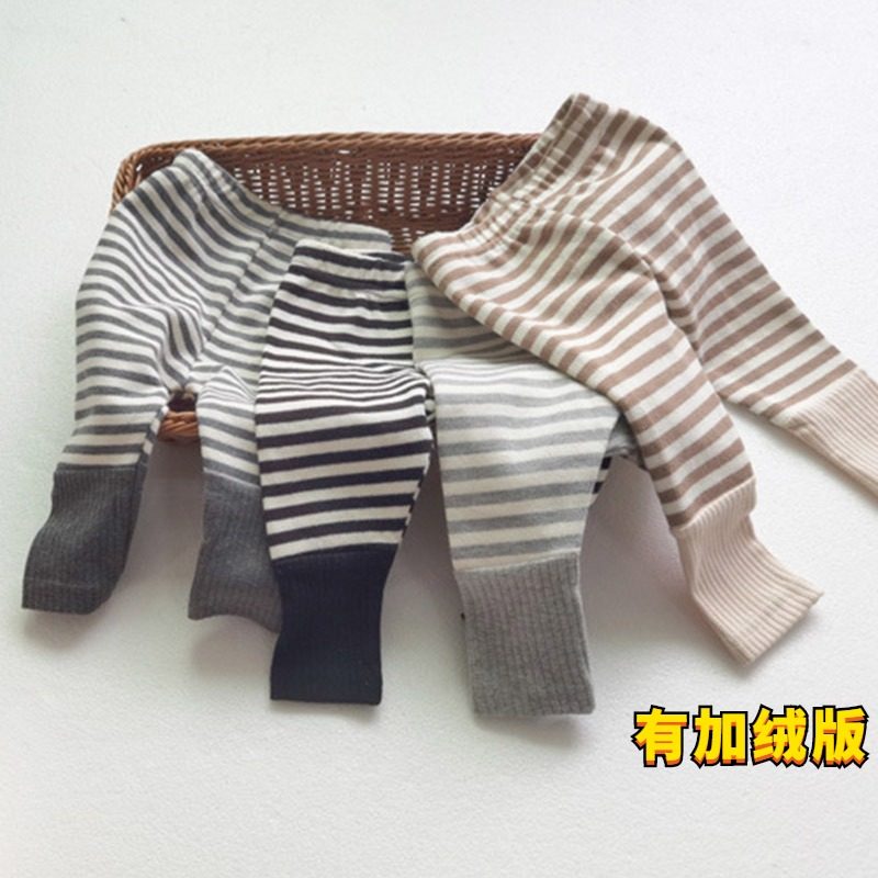Plus velvet Korean autumn and winter clothes baby big PP pants striped cotton elastic trousers all-match men and women baby underwear
