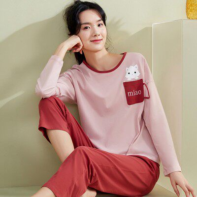 Pepperlon-piperipperipig Spring Female sleeve trousers thin loose cotton pajamas suit can be outfitted in home suit