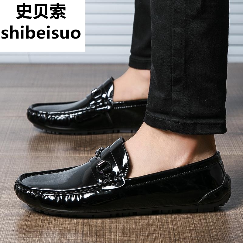 Epbezo Spring Lacquer Leather Bright Face Casual Leather Shoes Young Men All Black Bean Bean Shoes Unlacing Sloth Shoe Tide