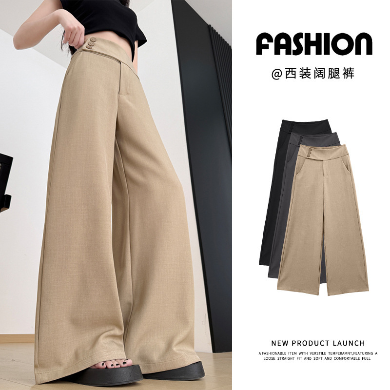Khaki Wide-Leg Pants for Women, 2026 Spring/Summer Vintage High-Waisted Drape Straight-Leg Pants with Buttoned Curved Hem Suit Pants