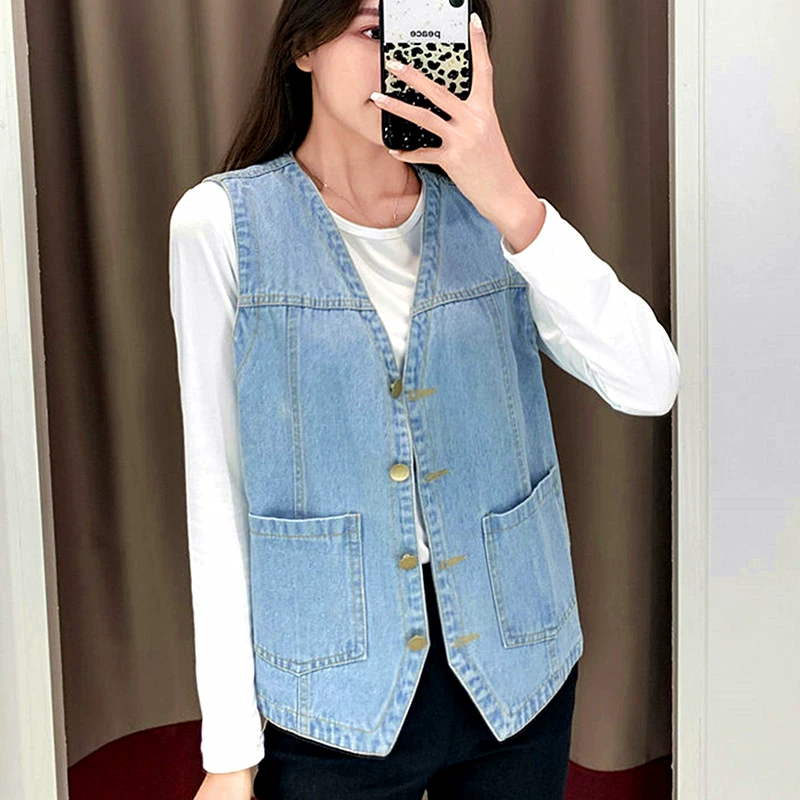 Áo khoác ghi lê rộng rãi Denim Áo khoác không tay quá khổ Thời trang mỏng Thời trang giản dị Túi lớn Hàn Quốc Áo ghi lê nữ - Áo vest