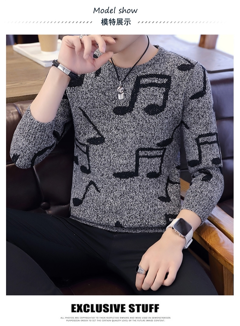 2019 mới nam cổ tròn chạm đáy áo len biểu tượng âm nhạc dòng quần áo xu hướng nam xu hướng Slim áo len nam Hàn Quốc - Áo len thời trang nam cao cấp