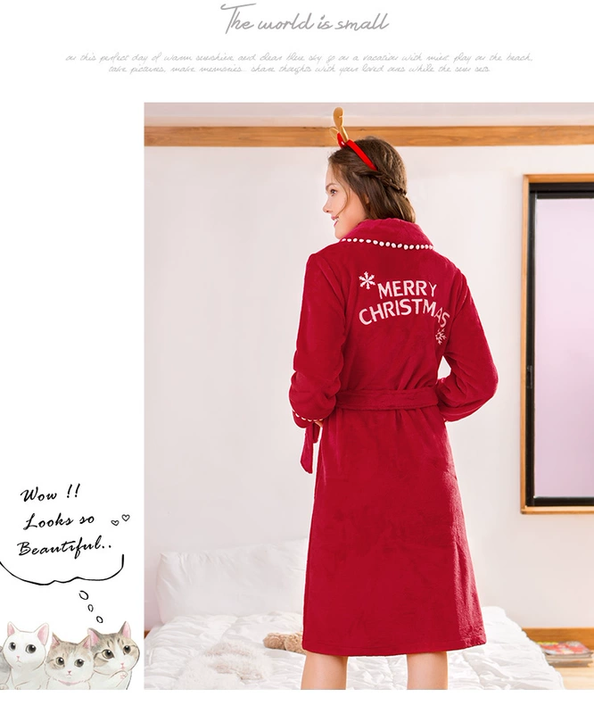 Chạy bộ đồ ngủ siêu nhỏ cho nữ áo dài tay mùa thu và mùa đông mẫu dễ thương flannel dày phần dịch vụ gia đình phù hợp với mùa thu đỏ - Night Robe