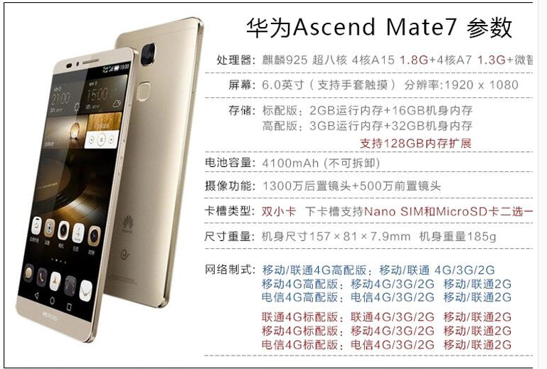 Huawei Huawei Mate7 phiên bản tiêu chuẩn viễn thông Mobile Unicom 4G màn hình siêu lớn nhận dạng vân tay điện thoại