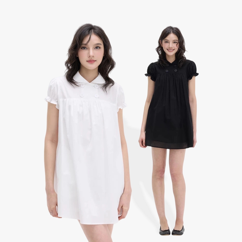 In Stock Veryrareme French Short-Sleeved Doll Collar White Puff Sleeve Summer Shirt Dress for Women with Underpants