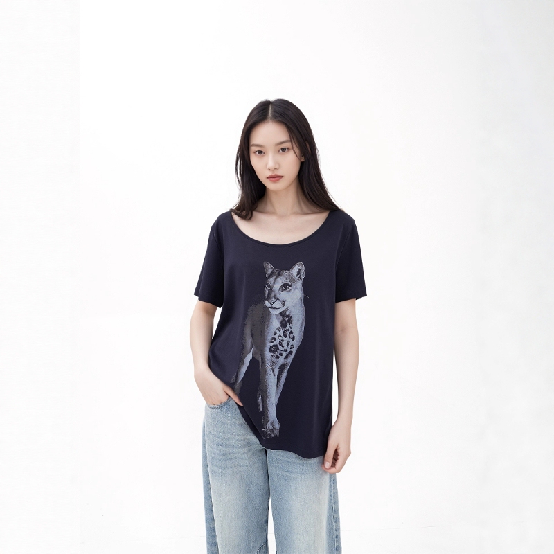 Jim Kenneth Retro Hot Girl Two-Way Wear Asymmetrical Off-Shoulder Leopard Print Loose Short-Sleeve Slimming T-Shirt Top for Women Jim Kenneth Retro Hot Girl Two-Way Wear Asymmetrical Off-Shoulder Leopard Print Loose Short-Sleeve Slimming T-Shirt Top for Women