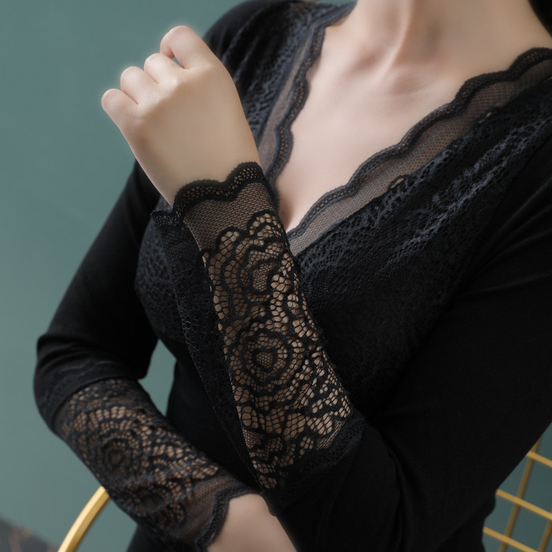 Low collar warm clothes lingerie feminine sensuede thickened beauty body tight fit long sleeve undershirt autummy jacket single piece blouse winter-Taobao