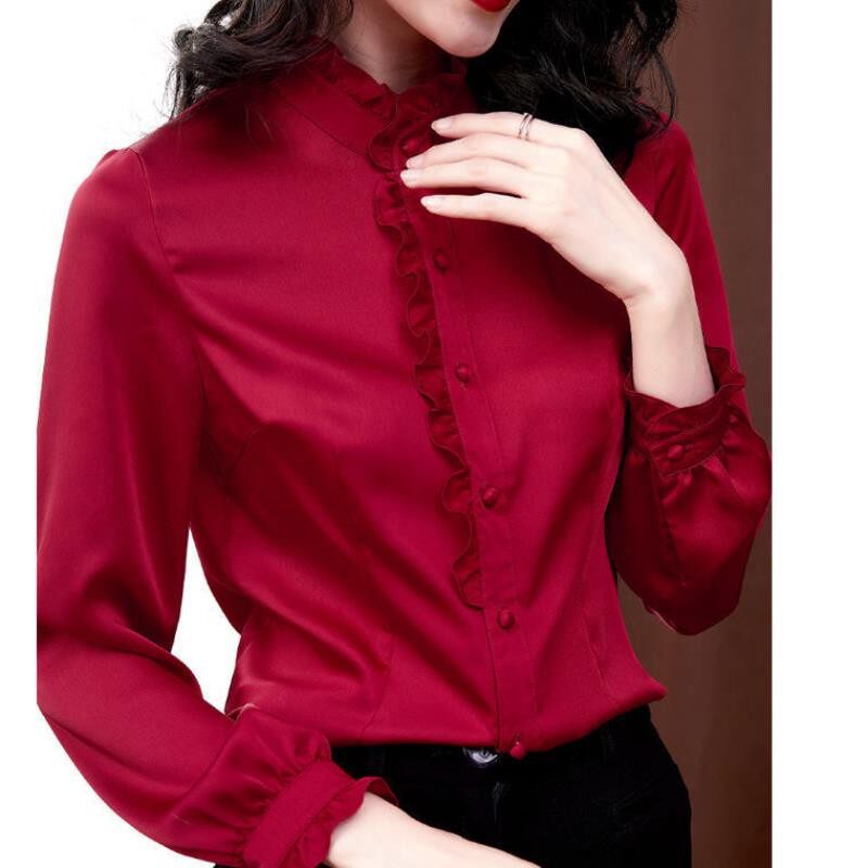 Pure color lotus leaf side satin long sleeve shirt female spring autumn dress new blouse 100 lap emulated silk shirt woman