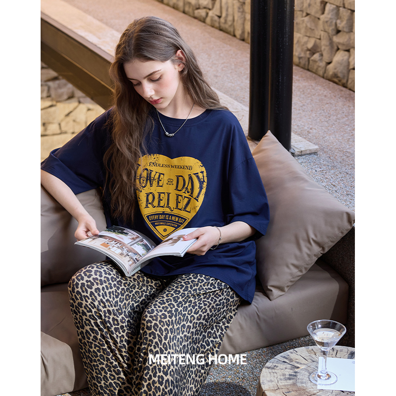 Meiteng's New Summer Pajamas for Women, Casual and Free-Spirited, Modal Cotton Short-Sleeved Leopard Print Pants Set, Home Wear