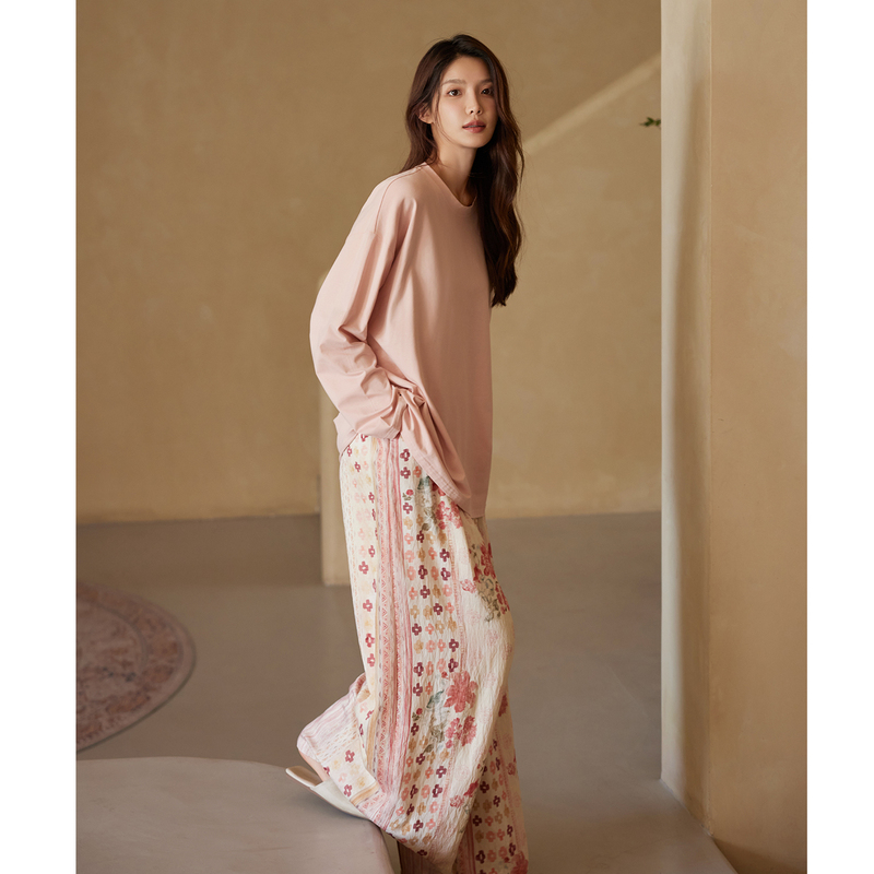 Meiteng Modal Cotton Pajamas for Women, New Spring and Autumn Long-Sleeve Round Neck Pink Homewear Set, Autumn and Winter, Can Be Worn Outside