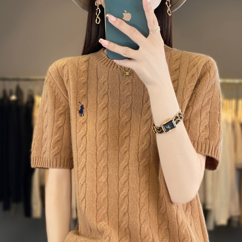 100% Merino Wool Sweater, Round Neck, Women's Short-Sleeved, Loose, Slimming Pullover, Knitted Base Layer, Cable Knit Cashmere Sweater