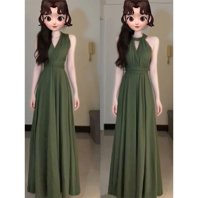 French-Style High-End Cool and Elegant Halter Neck Dress, Green Evening Gown, High-End Light Luxury Niche Long Dress for Summer