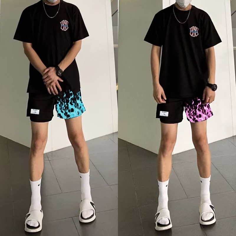 Summer Basketball American-Style Shorts for Men, Flame Pattern, Quick-Drying, Knee-Length, Breathable Mesh, Loose-Fitting, Sports Casual Three-Quarter Pants