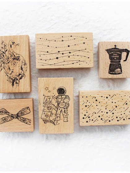 moodtape.咖啡星空星河蝴蝶结木质印章可爱手帐diy橡皮章复古印章