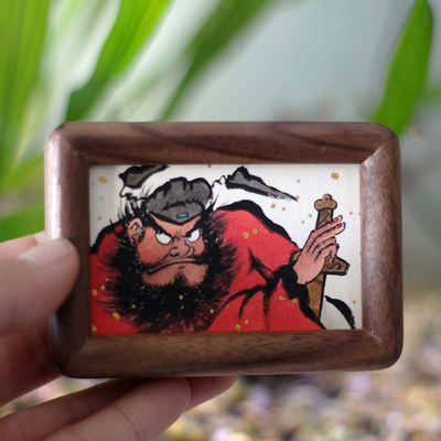 Mini Zhong Kui portrait decoration, high-end walnut wood picture frame, peace charm, attracting wealth and good fortune, 100% pure hand-painted real cinnabar