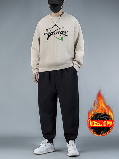 加绒加厚运动套装男款冬季肥佬休闲卫衣男生大码黑色束脚裤两件套