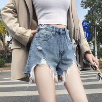 Denim shorts womens summer 2020 new high waist wide leg ins loose rotten holes show thin wear a word hot pants