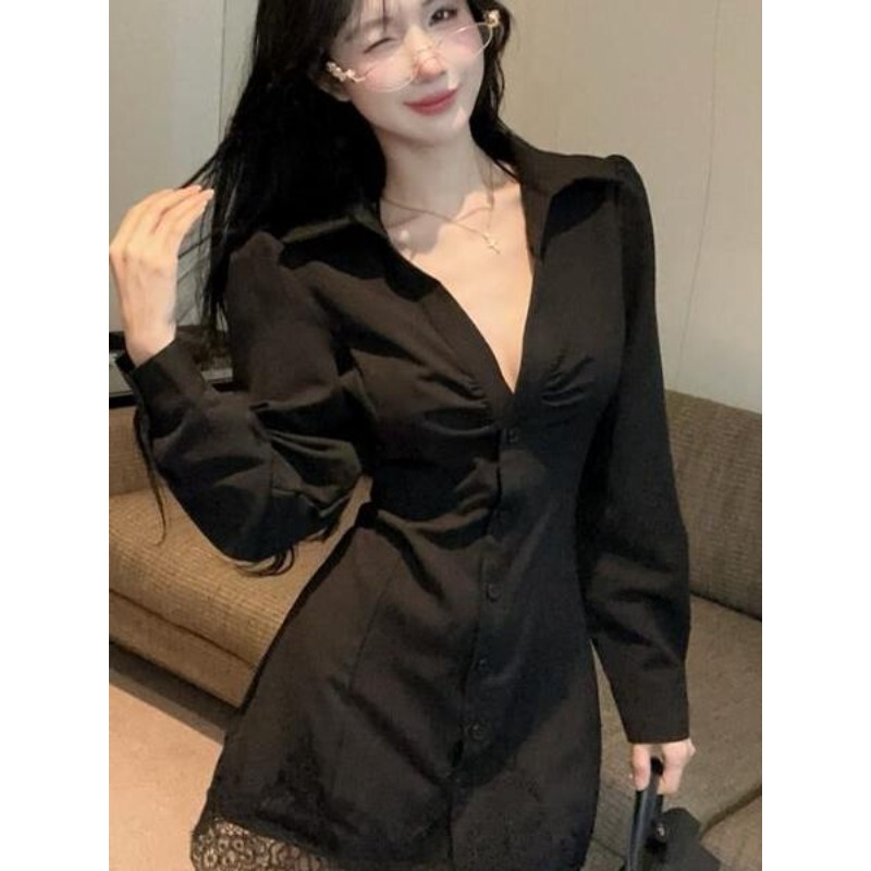 Plus Size 150kg Lace Patchwork V-Neck Long-Sleeve Shirt for Women, Sexy Mid-Length Waist-Cinching Slim-Fit Shirt for Curvy Women
