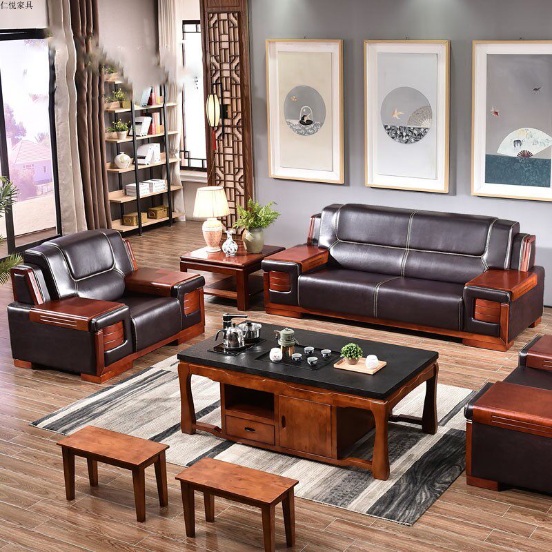 Real leather office sofa Chinese style large section guest business talks to receive sofa trio Place office sofa 13