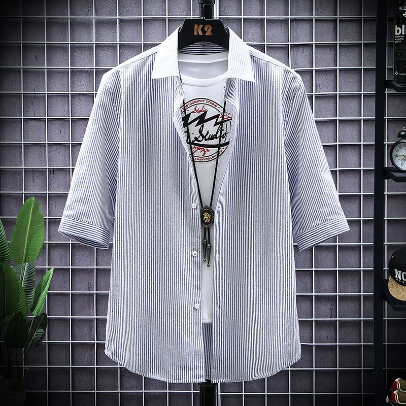 2020 summer new mid-sleeve shirt men's Japanese tide brand striped shirt simple and versatile half-sleeve top jacket tide