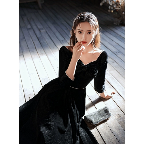 Черное летнее элитное вечернее платье, юбка, французский стиль, изысканный стиль