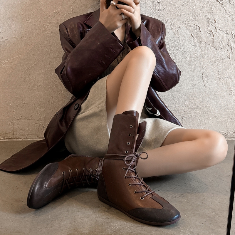 Trendy Handbook ~ Retro Niche Genuine Leather Color-Block Lace-Up Boxing Boots for Women with Wool Lining and Height-Increasing Mid-Calf Martin Boots