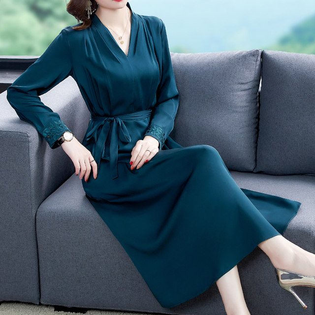 Spring heavy silk long-sleeved dress high-end foreign style mulberry silk middle-aged lady autumn age-reducing women's thin