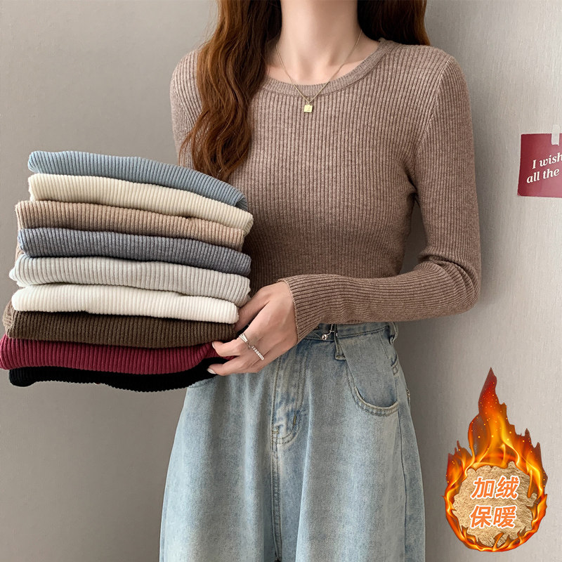 2026年秋冬新作 ラウンドネック スリムフィット 長袖 ニットトップス 厚手 フリース裏地付き レディースインナーセーター