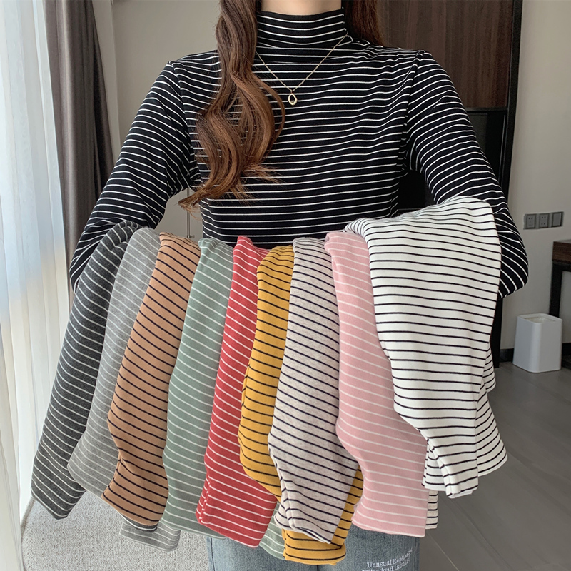 Autumn and Winter 2026 New Trendy Long-Sleeve T-Shirt Base Knit Top Half-Turtleneck Striped Sweater for Women