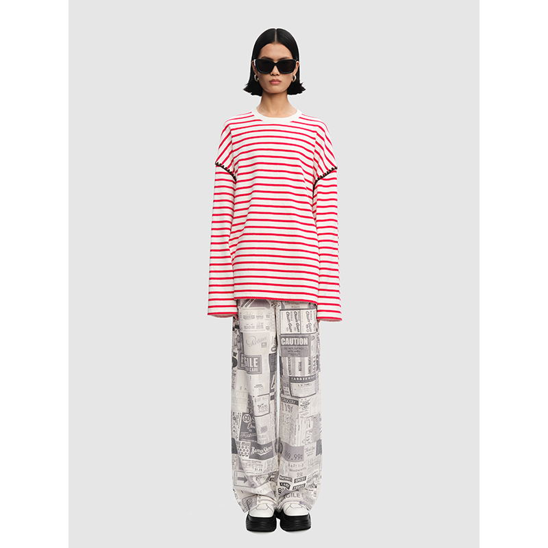 Short Sentence Short-Sleeved Shell Embroidery Classic Striped Long-Sleeved T-Shirt Early Spring Top Blogger's Same Style