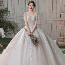 Starry sky main wedding dress bride 2021 new drag cotton v-neck small light short-sleeved one-shoulder French