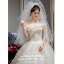 Temperament light wedding dress 2021 new bride one-shoulder forest super fairy gauze small trailing satin