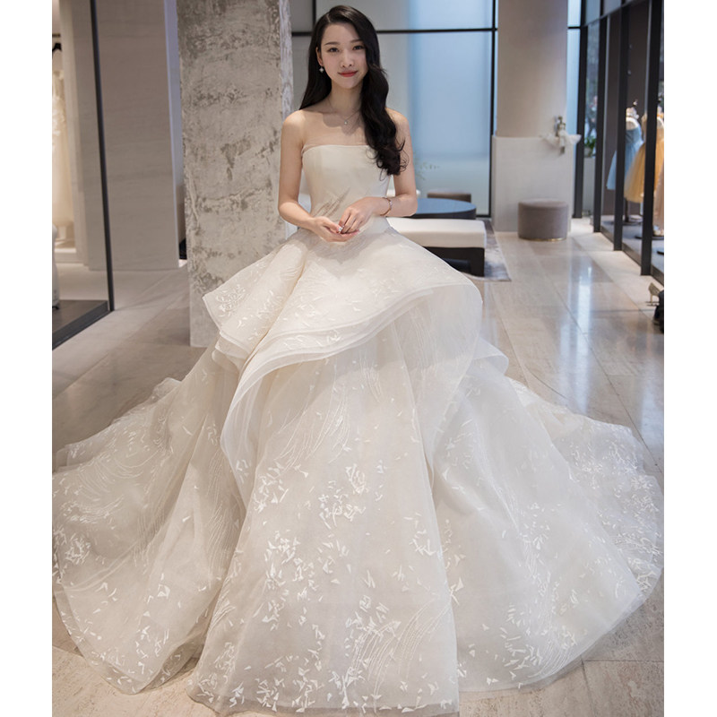 Bandeau Wedding Dress 2021 New French Dream Bride Simple Temperament 2022 Light Tail Little Man Starry Sky