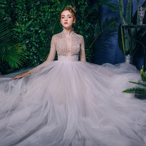 Forest light wedding dress bride 2021 new simple Qi retro long-sleeved deep v stand-up collar small tail is thin