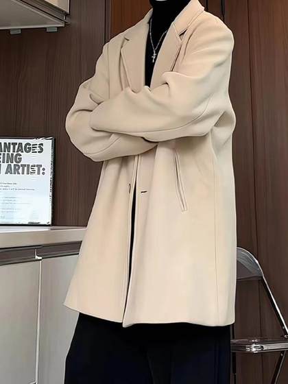 毛呢大衣男士秋冬加厚西装领百搭妮子外套潮流情侣中长款休闲风衣