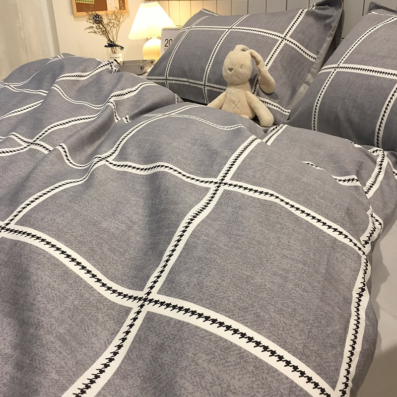 Grey Striped Plaid Full Cotton Bed Four Pieces Of Pure Cotton Minimalist Modern Three-three Style Bed Group Nordic Wind Quilt