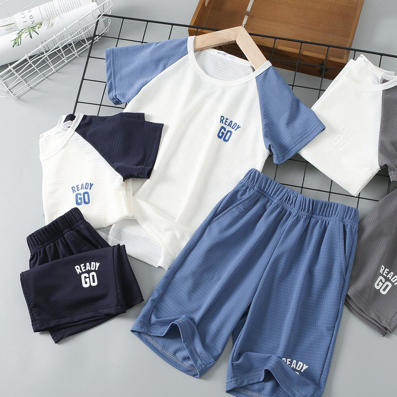 Boy's quick-drying suit summer sports short-sleeved shorts two-piece ice mesh breathable quick-drying clothes