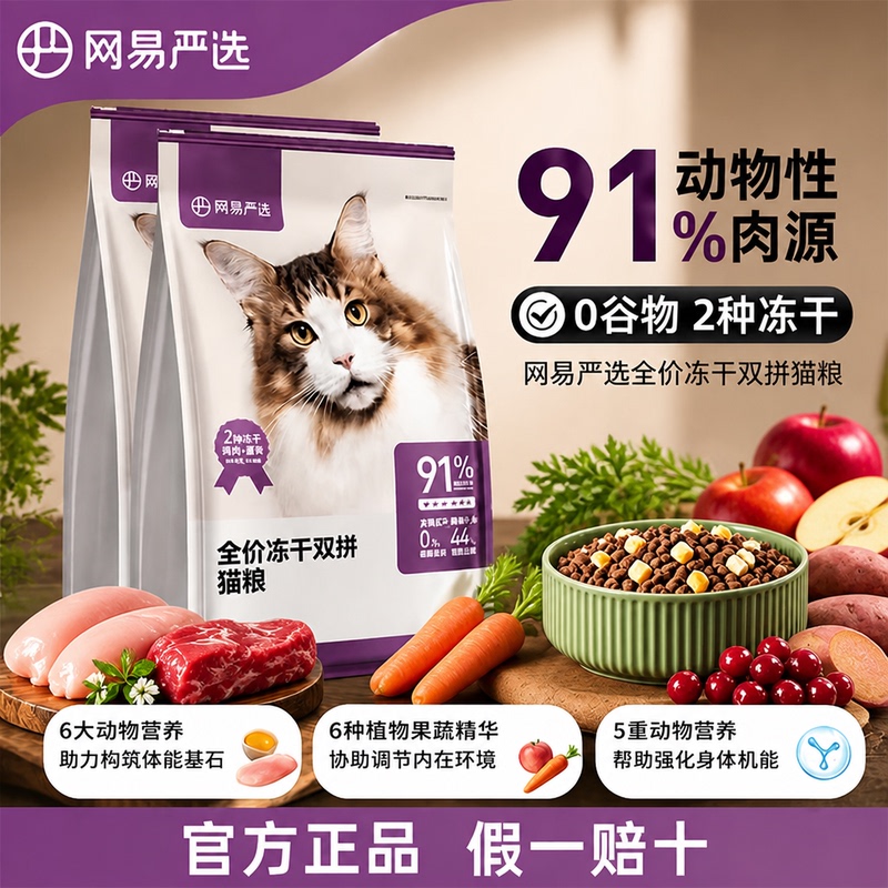 Netease Carefully Selects Full-Price Freeze-Dried Dual-Flavor Cat Food, Chicken and Egg, Grain-Free Fresh Meat, Main Food for Adult Cats and Kittens, 10kg, Genuine Product