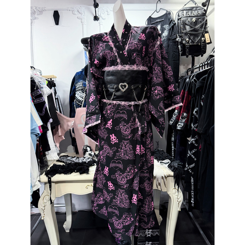 Sponsored by Love/Acdcrag Japanese Harajuku Style Black Fan Rabbit Kimono Yukata with Obi