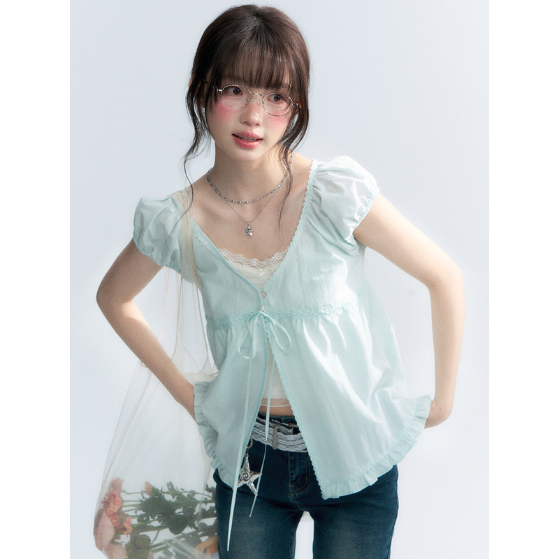 Hollyde Map "Mint Morning Light" Lace-Trimmed Bow Tie V-Neck Puff Sleeve Cardigan Top