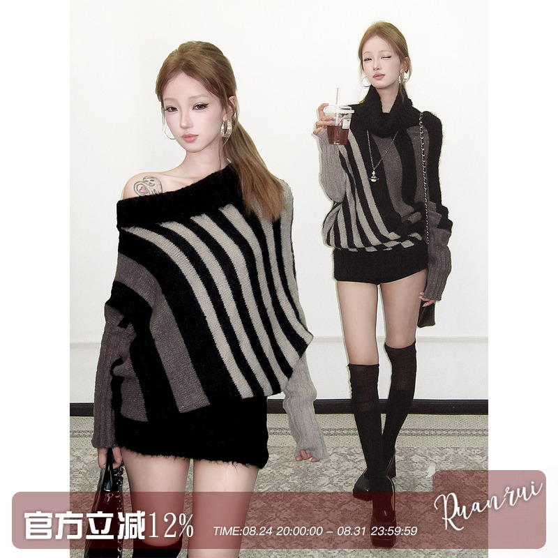 Ruanrui Vintage Batwing Sweater *Can Be Worn Inside Out* Multi-Style Black, White, and Gray Wool Blend Striped Sweater