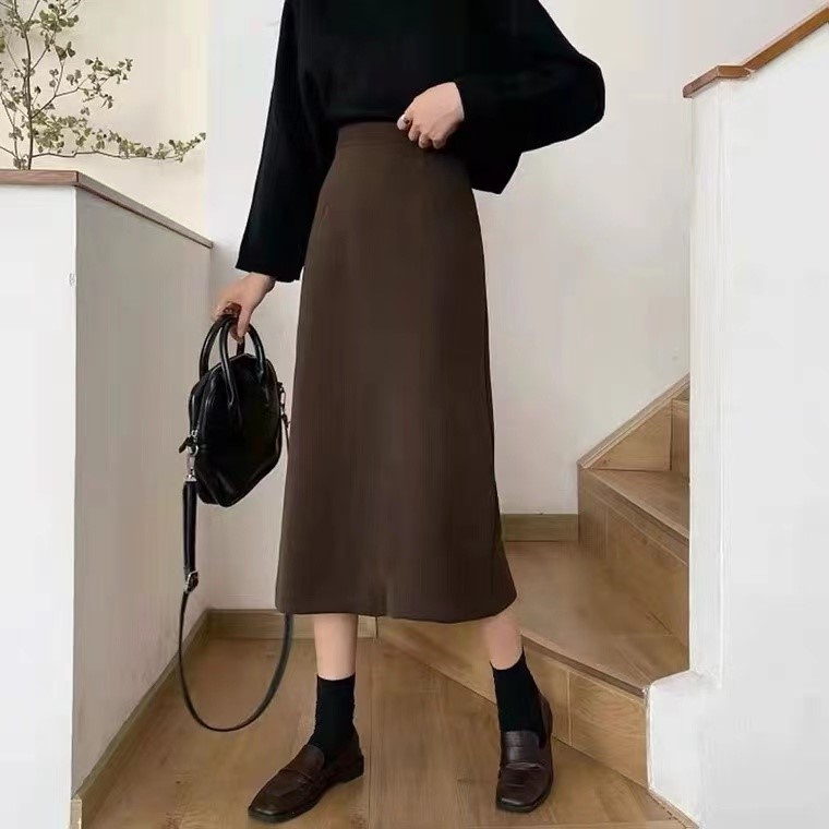 Lulu's customized store orange? Autumn and winter back slit high waist woolen skirt