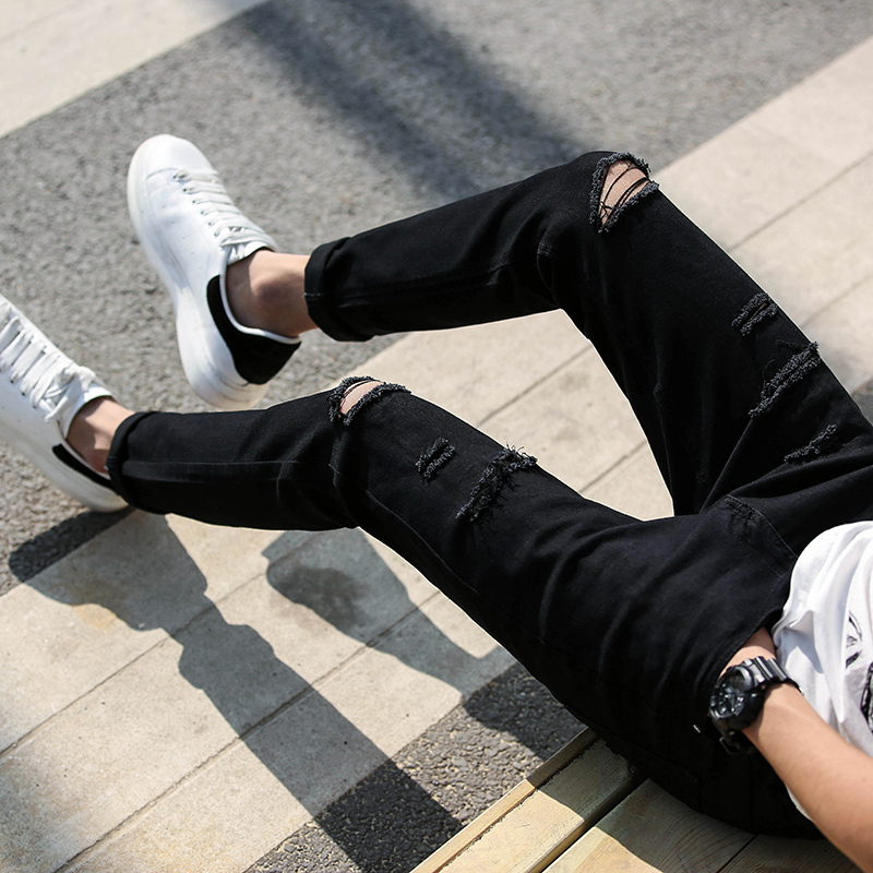 Men's Summer Thin Black Ripped Jeans, Trendy Brand, Slim Fit, Korean Style, Popular, Slimming Effect Men's Summer Thin Black Ripped Jeans, Trendy Brand, Slim Fit, Korean Style, Popular, Slimming Effect