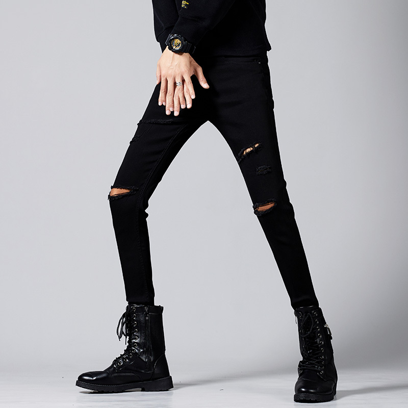 Summer Thin Black Denim Pants for Men, Trendy Slim-Fit Ripped Pants, Ins-Style Cropped Pants for Men Summer Thin Black Denim Pants for Men, Trendy Slim-Fit Ripped Pants, Ins-Style Cropped Pants for Men