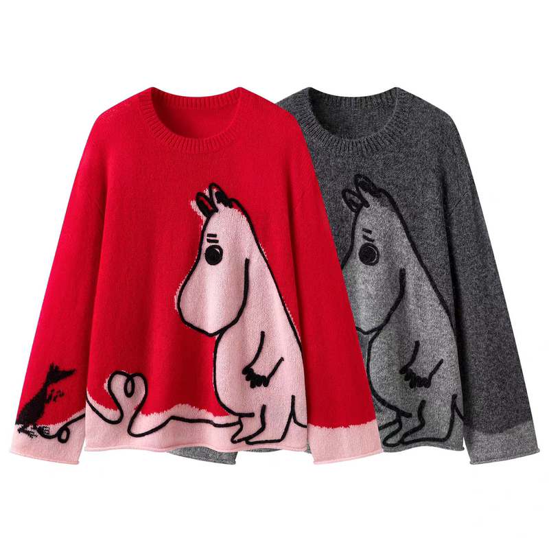 Mo 2026 Autumn New Casual Soft Cartoon Jacquard Loose Round Neck Knit Sweater Mbf3Swt053