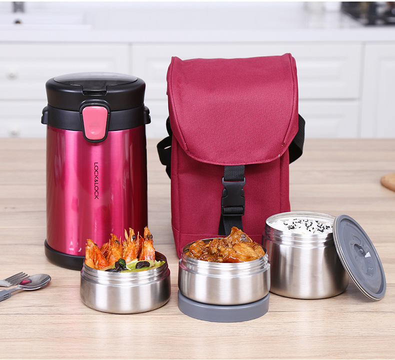 Khóa và khóa thùng cách nhiệt Thùng lưu trữ bằng thép không gỉ 2L với thùng gạo tích hợp hộp cơm trưa di động ba lớp dung tích lớn - Hộp cơm điện sưởi ấm cặp lồng điện