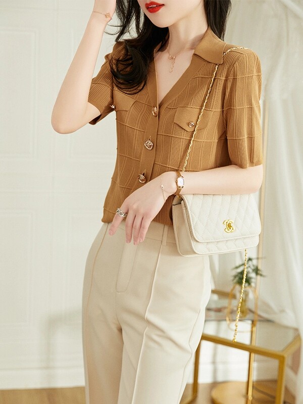DonLevia~French knit top with ice hemp feeling, breathable and dry, charming temperament, hidden meat and thin